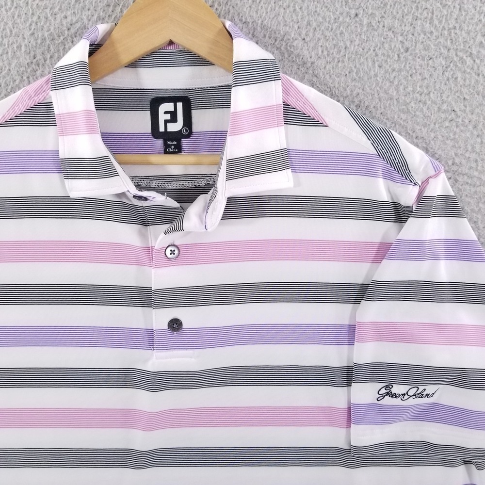 FootJoy Polo Shirt Large Performance Golf Pink Purple Pastel Stripe Green Island
